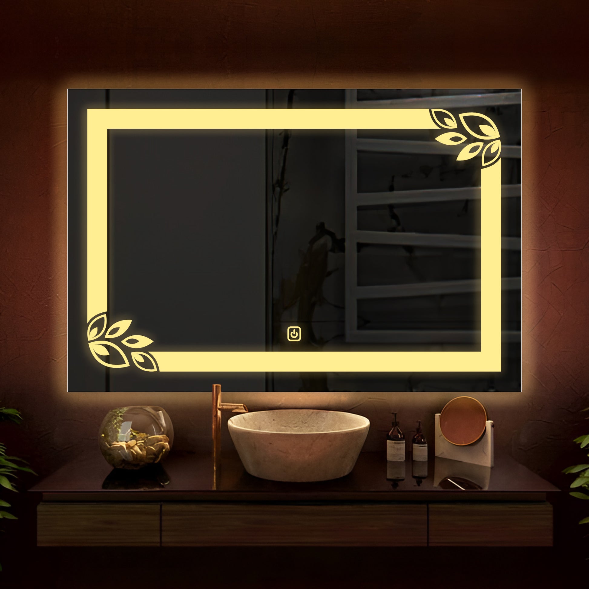 Classic Rectangular Shaped Floral Patten Led Bathroom Wall Mirror