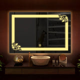 Classic Rectangular Shaped Floral Patten Led Bathroom Wall Mirror