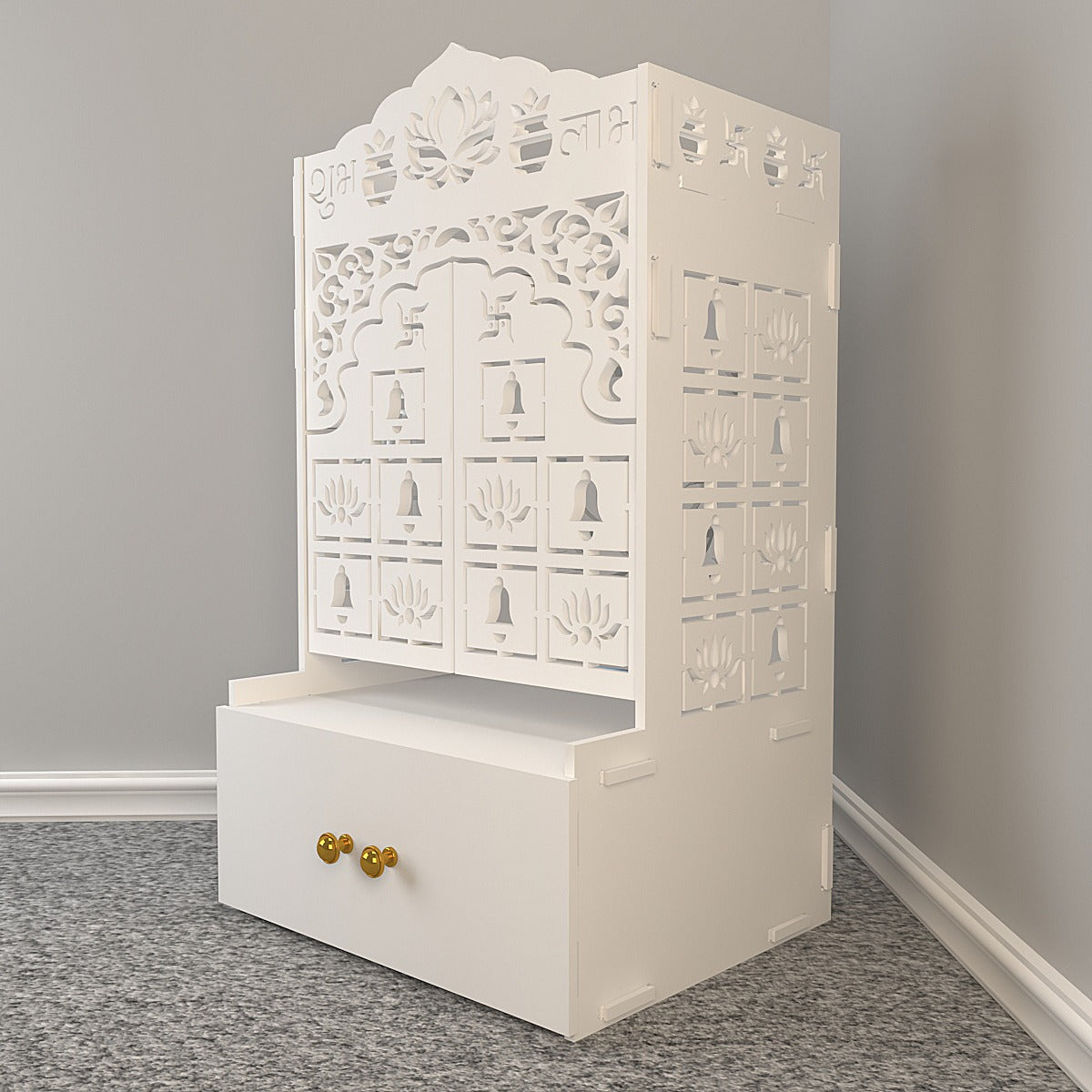 Lotus Wooden Floor Door Temple for Home With Inbuilt focus Lights & Spacious Shelf