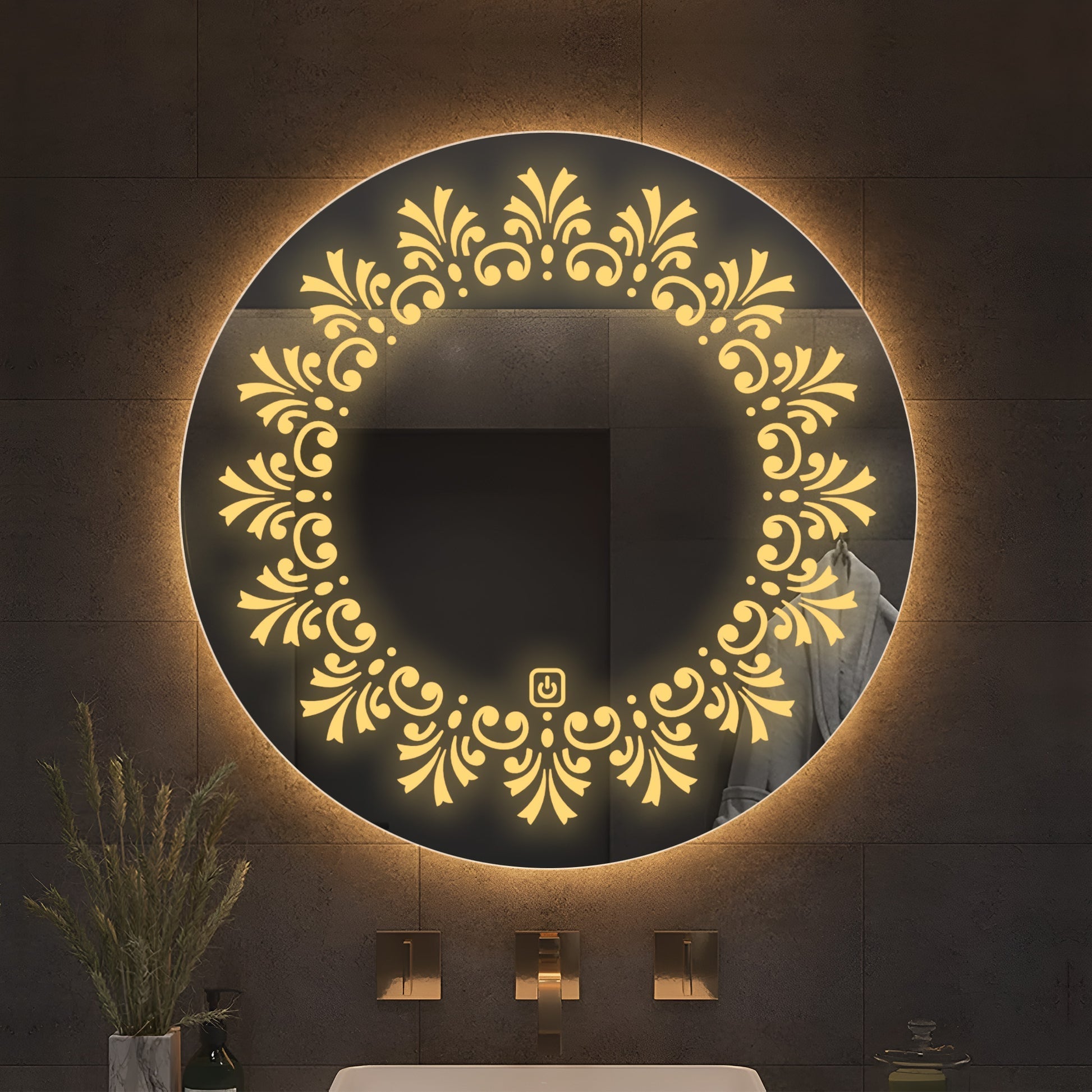 Beautiful Leaf Patten Art Led Rounded Shape Bathroom Wall Mirror