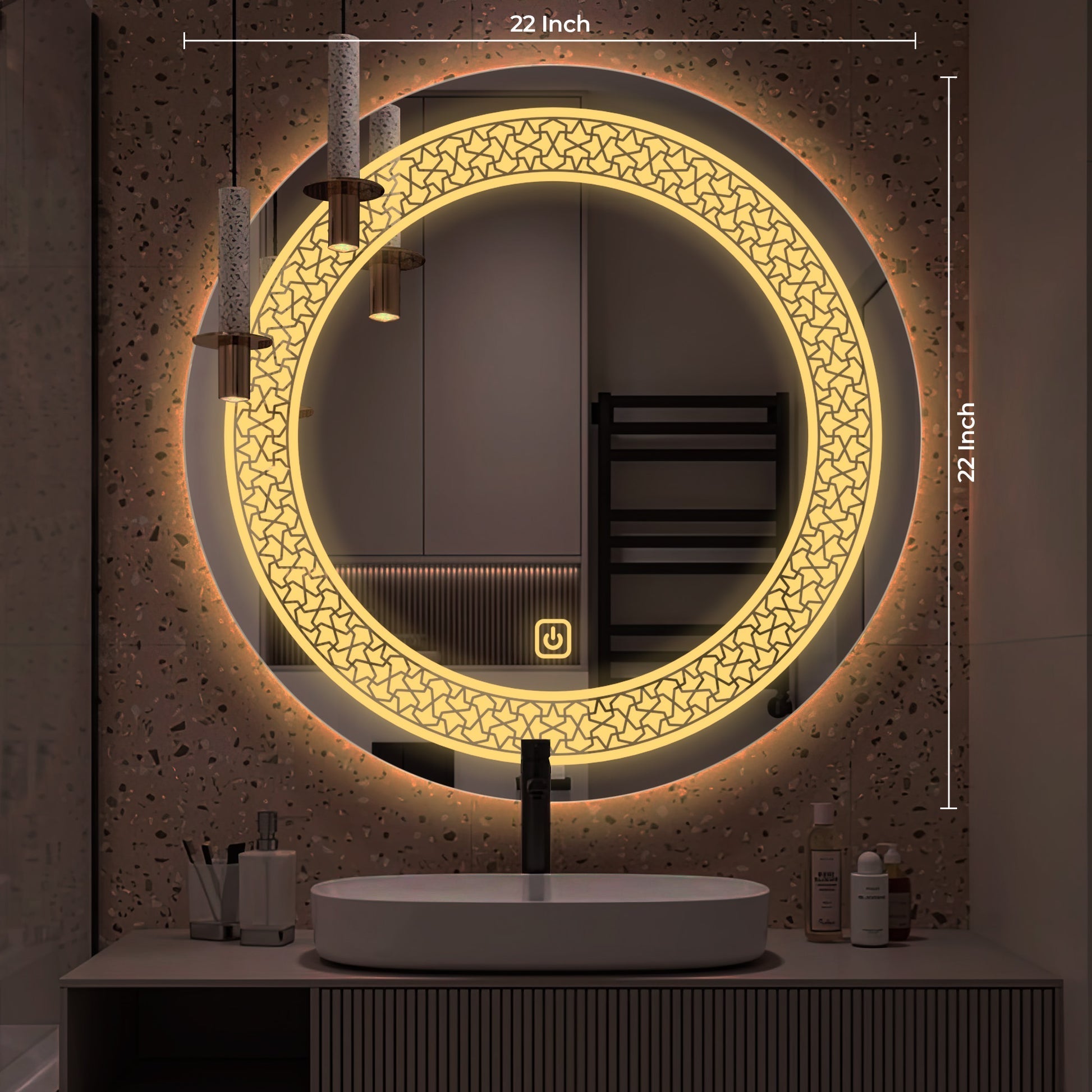 Classic Pattern Design Art Led Rounded Shape Bathroom Wall Mirror