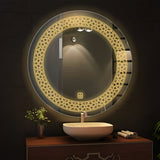 Designer Floral Pattern Art Led Rounded Shape Bathroom Wall Mirror