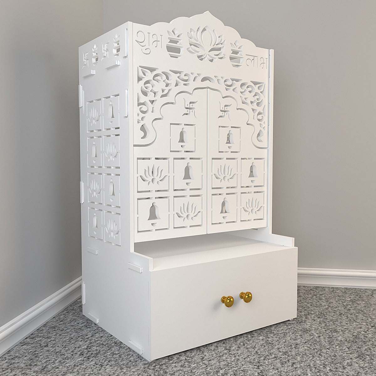 Lotus Wooden Floor Door Temple for Home With Inbuilt focus Lights & Spacious Shelf