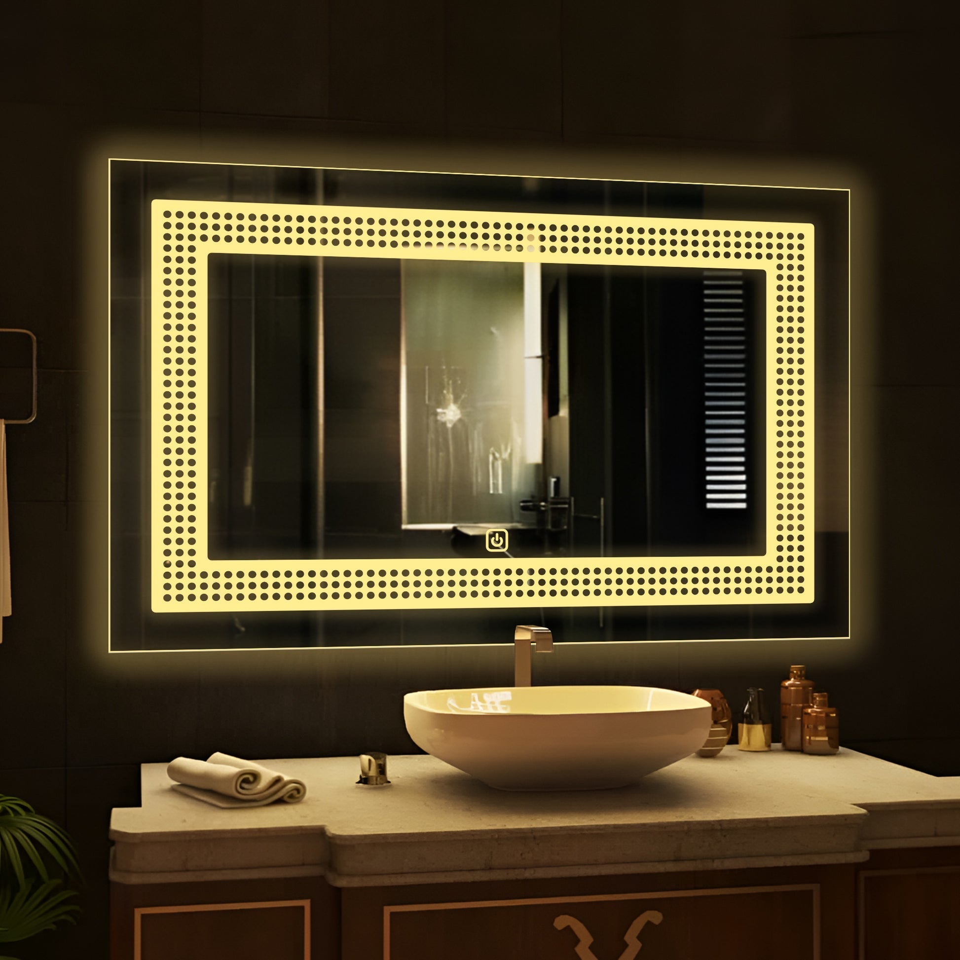 Rectangular Shaped Decorative Pattern Led Bathroom Wall Mirror
