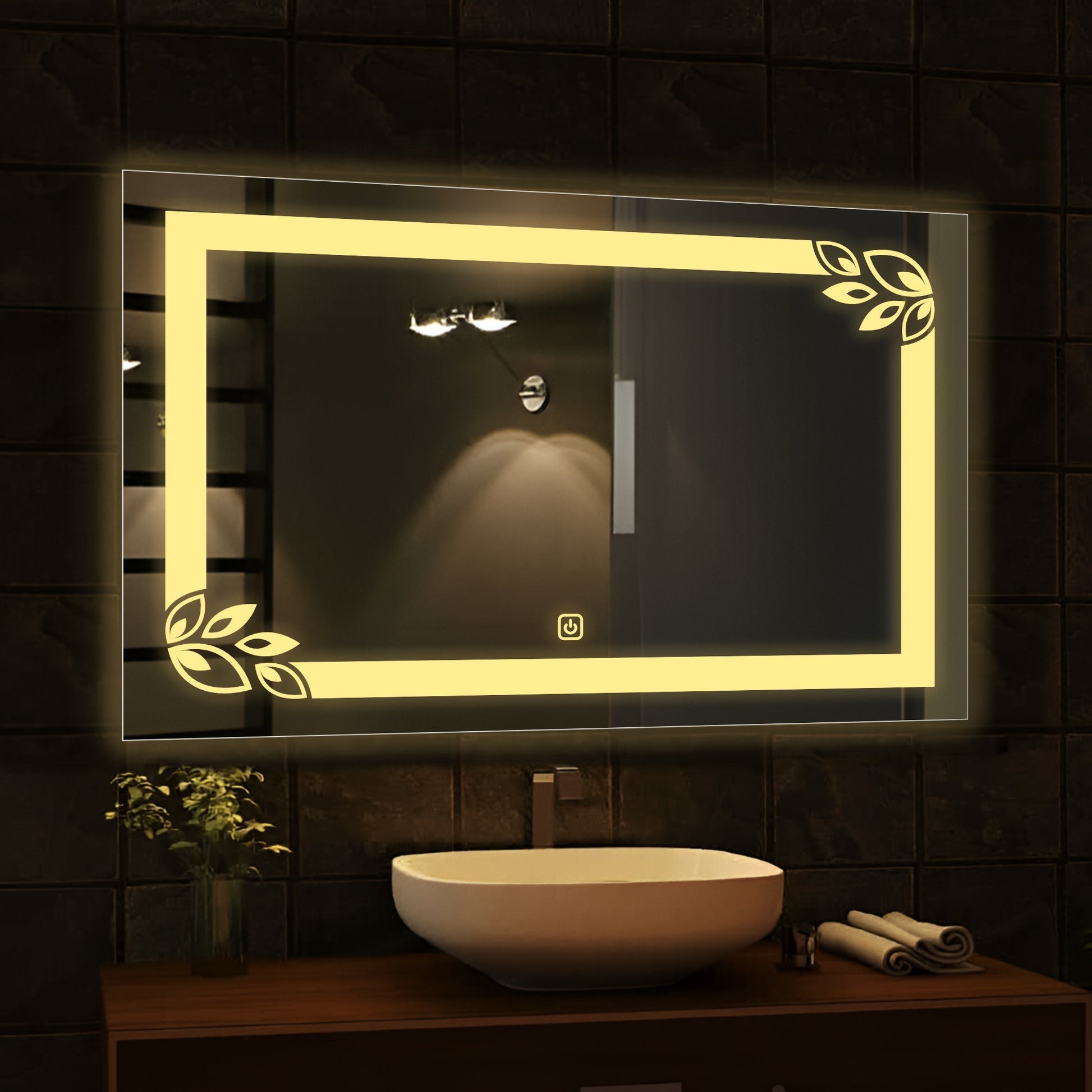 Classic Rectangular Shaped Floral Patten Led Bathroom Wall Mirror