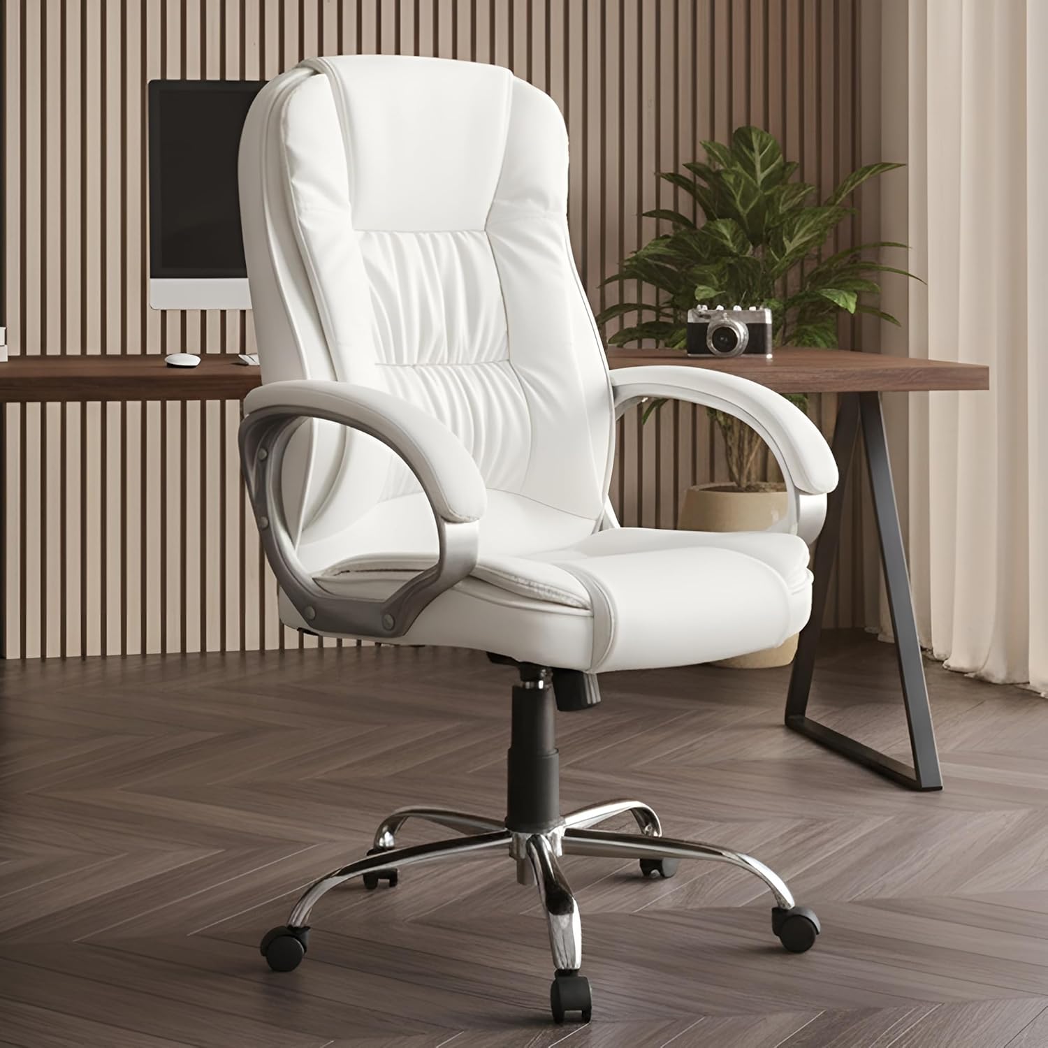 Premium White Leatherette Office Chair with Fixed Armrests | Ergonomic Home Office Desk Chair | Heavy Duty Chrome Base