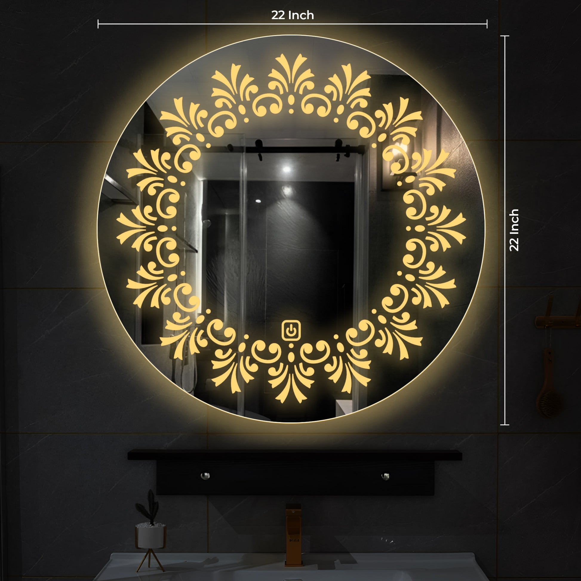 Beautiful Leaf Patten Art Led Rounded Shape Bathroom Wall Mirror