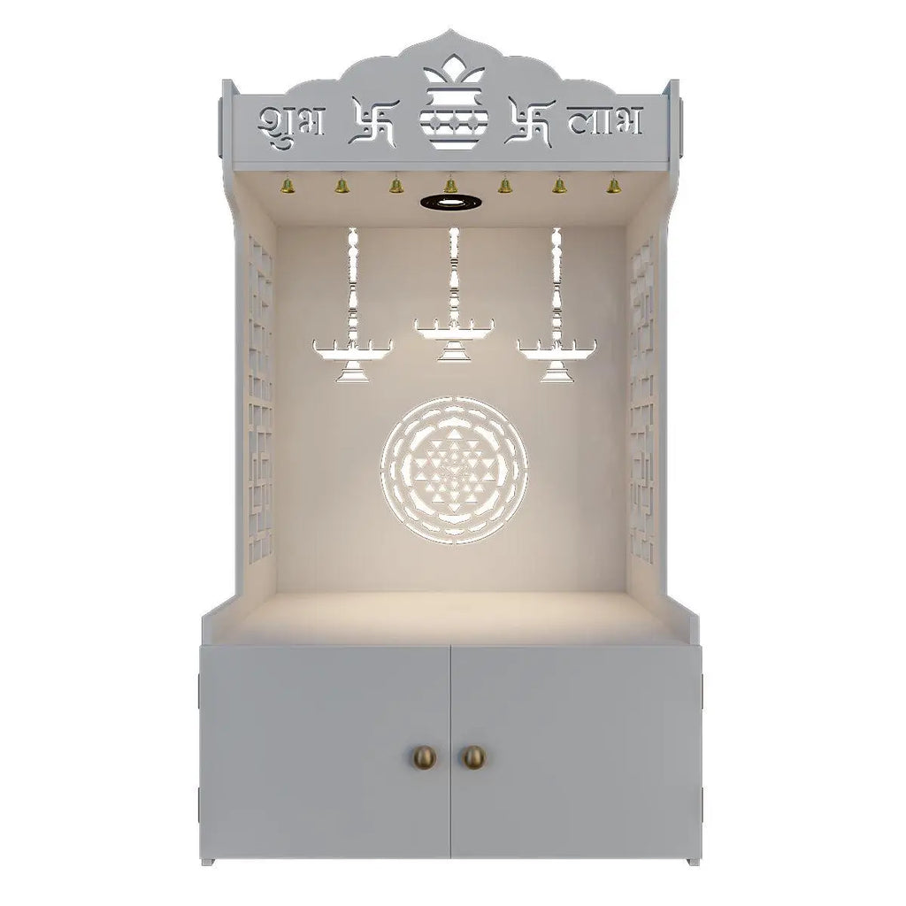 Timeless Wooden Mandir for Home with Spacious Shelf & Inbuilt Focus Light- White