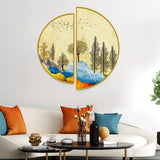 Beautiful Mountain Landscape with Trees and Birds Semi Circle Canvas Wall painting