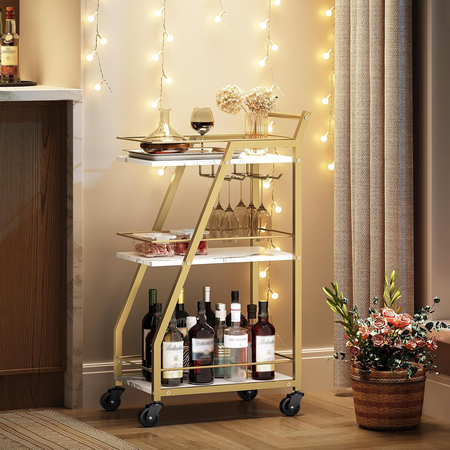 3 Tier Kitchen Bar Trolley In White Gold Finish
