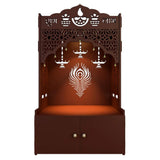 Intricate Jali Wooden Floor Temple with Spacious Shelf & Inbuilt Focus Light- Brown