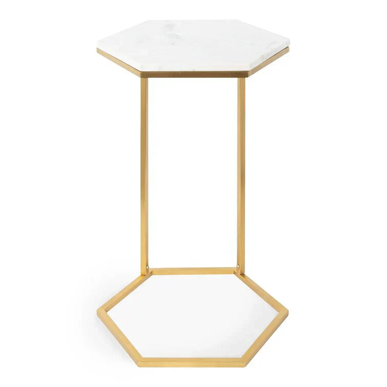 Hexagon Shape Marble Top Golden Stand Side Table