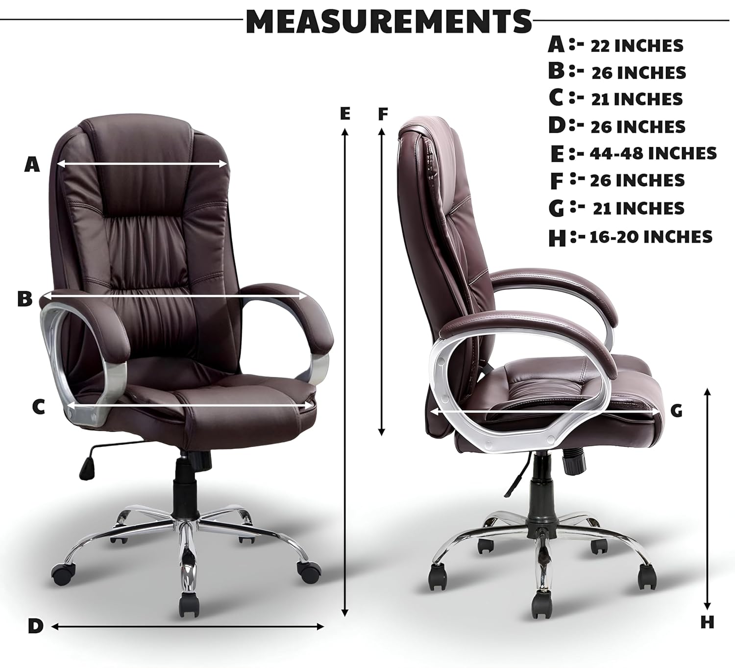 Brown Leatherette Office Chair with Fixed Armrests | Premium Home Office Desk Swivel Seat | Heavy Duty Chrome Base