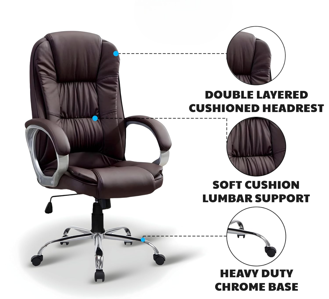 Brown Leatherette Office Chair with Fixed Armrests | Premium Home Office Desk Swivel Seat | Heavy Duty Chrome Base