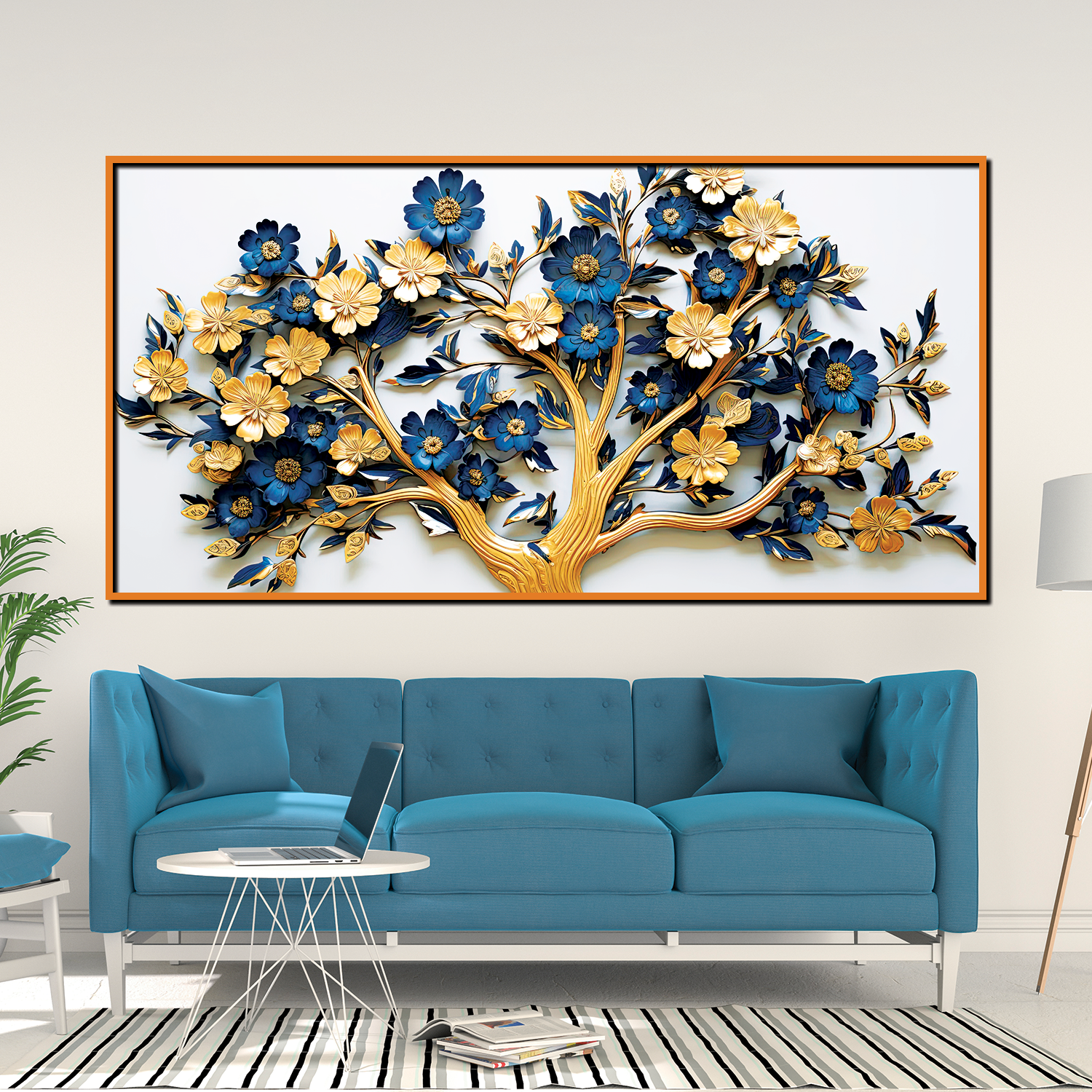 Elegant 3D Floral Tree Wall Art – Gold and Navy Blue Blossoms on White Canvas