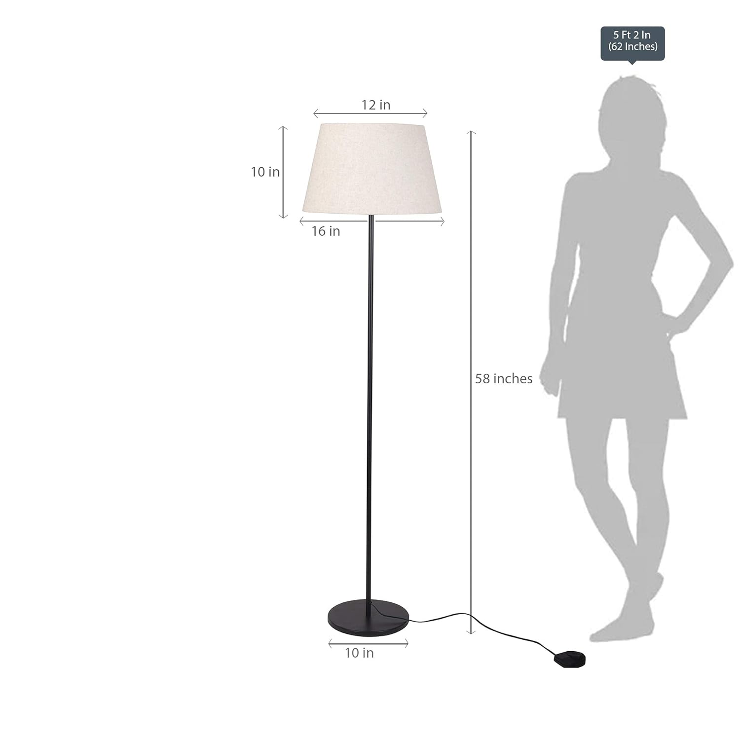 Floor Lamp Standing Modern Black 5ft Height with Off White Lamp Shade 16 inches