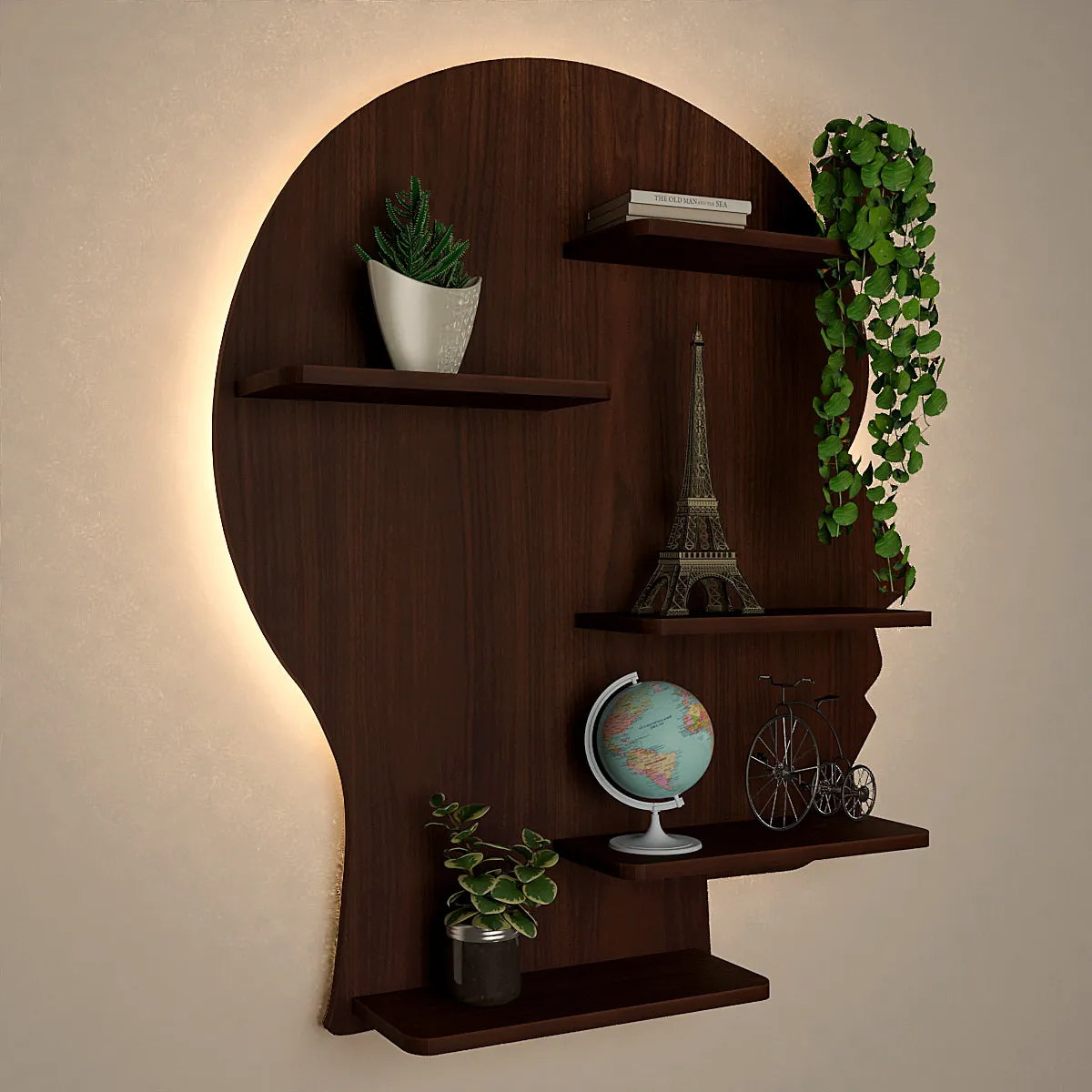 Man Backlit Wood Wall Shelf / Book Shelf, Walnut Finish