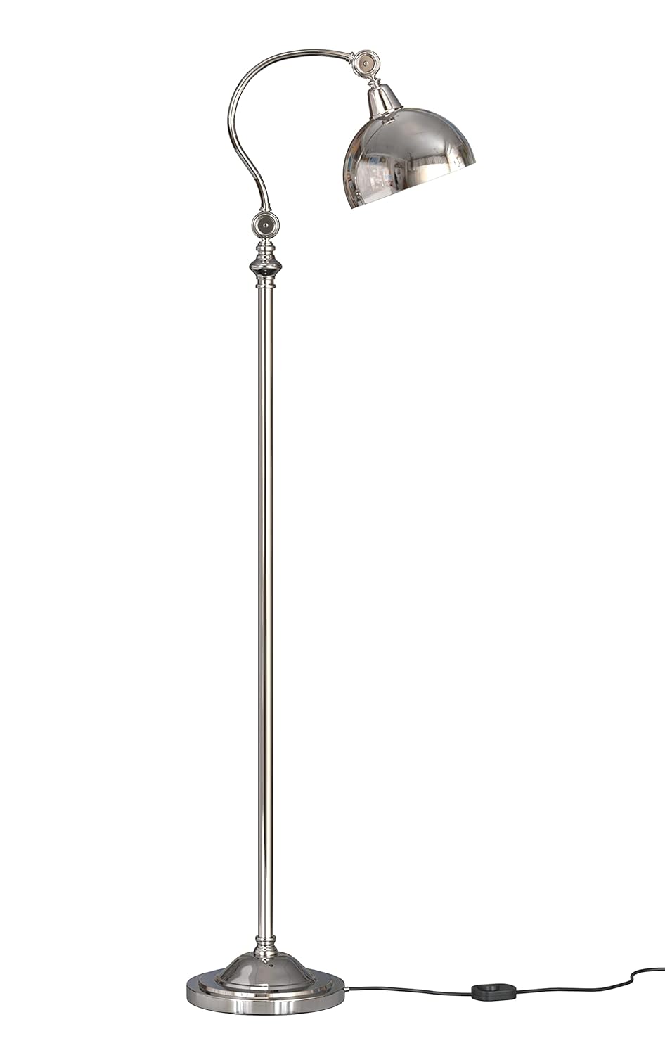 Curved Reading Task Floor Lamp Standing Silver Nickel Adjustable, Moveable Neck and Shade to Focus Light