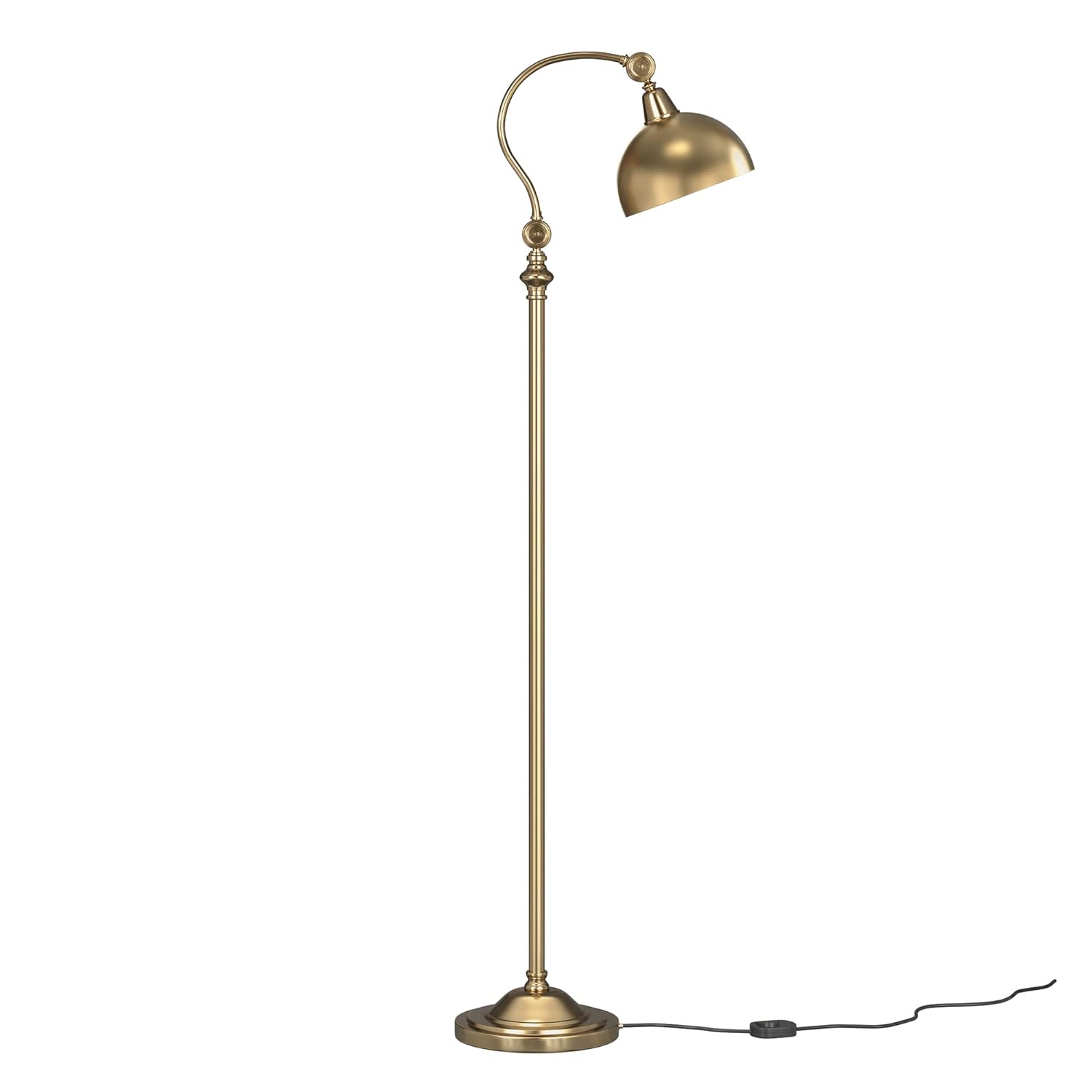 Vintage Curved Reading Task Floor Lamp Standing Brass Antique Adjustable, Moveable Neck and Shade to Focus Light