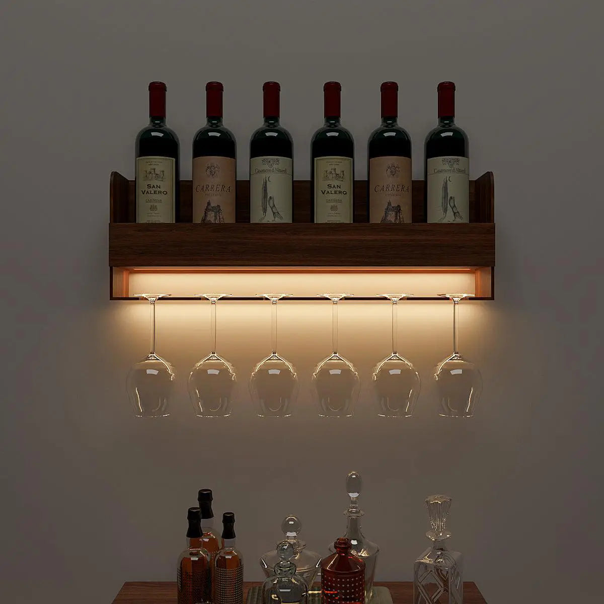 Engineered Wood Backlit Bar Wall Shelf / Mini Bar Cabinet in Walnut Finish