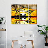 Beautiful Sunset with Elephant Group 3 Pieces Wall Painting with Wooden Framed