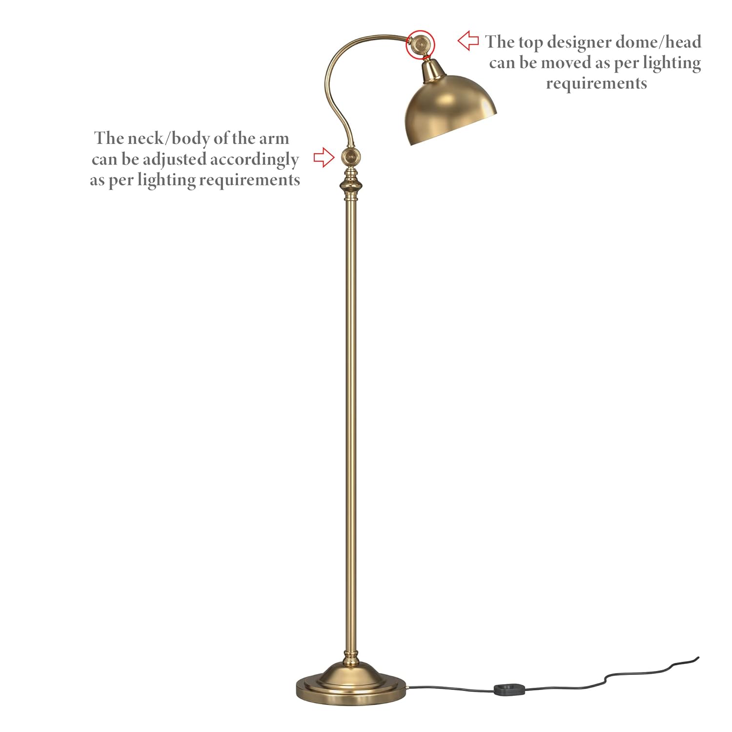 Vintage Curved Reading Task Floor Lamp Standing Brass Antique Adjustable, Moveable Neck and Shade to Focus Light