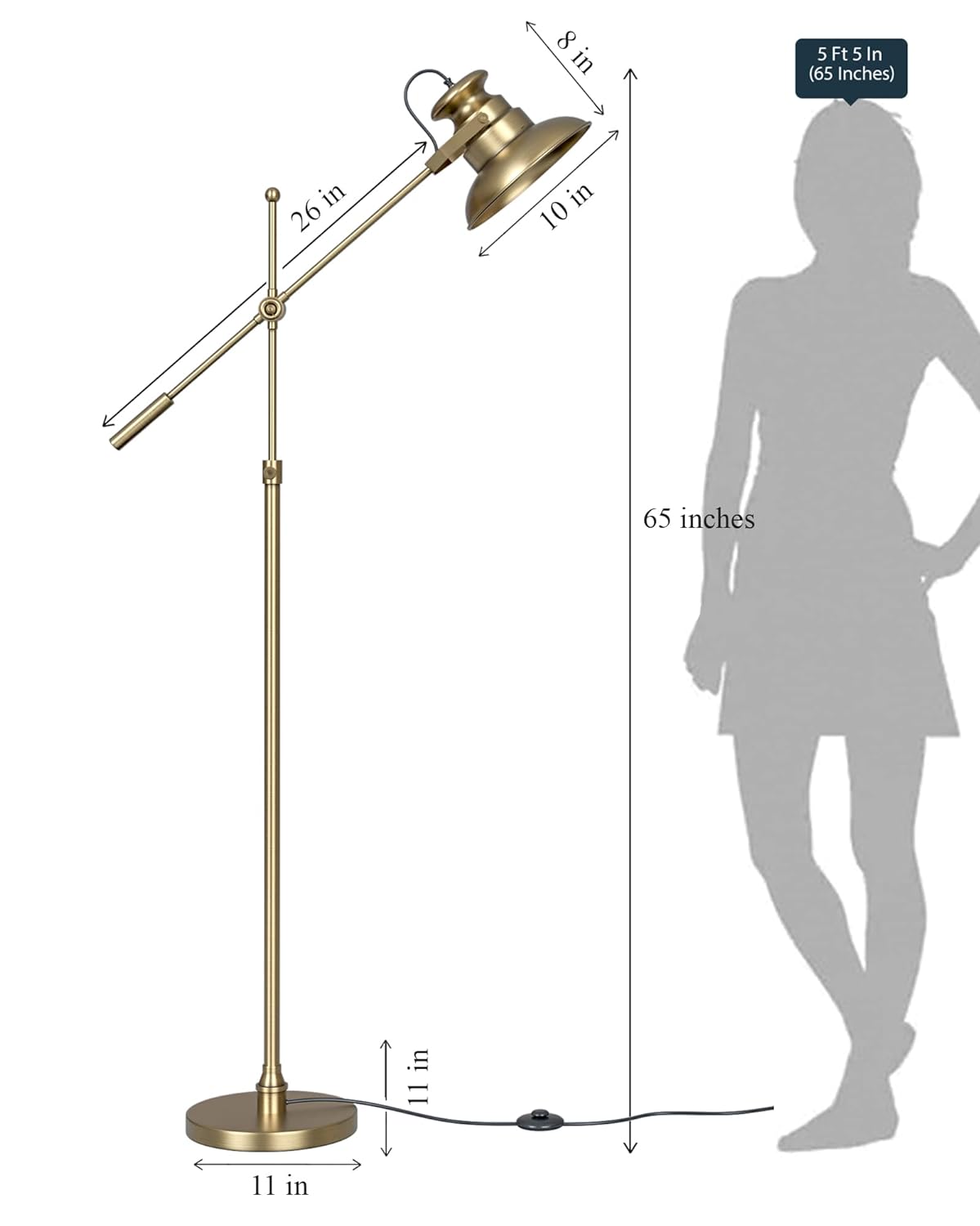 Modern Reading Task Floor Lamp Standing Focused Light Moveable and Adjustable Height Brass Antique finish