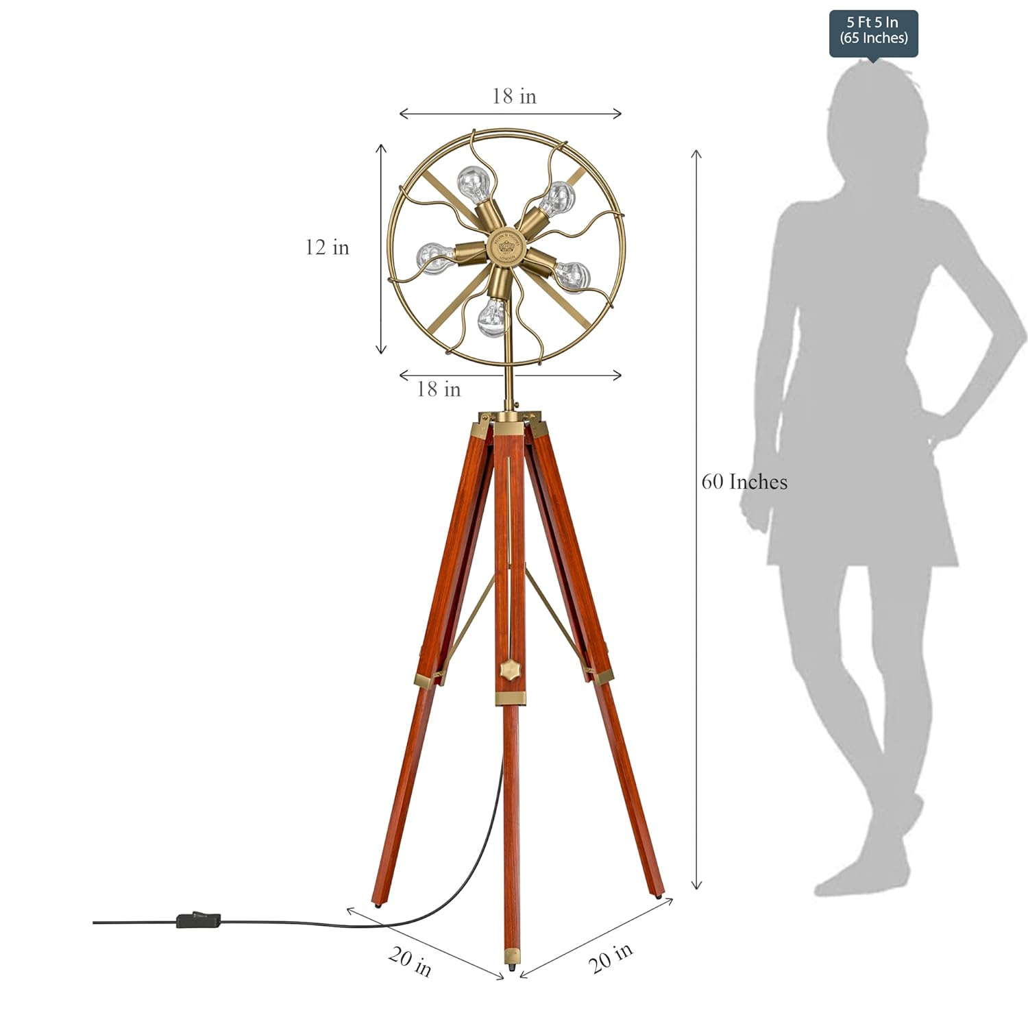 Tripod Floor Lamp Standing with Moveable Wheel 5 Light Fan Wooden Brown Polished and Brass Antique Gold Finish Adjustable 5ft Height