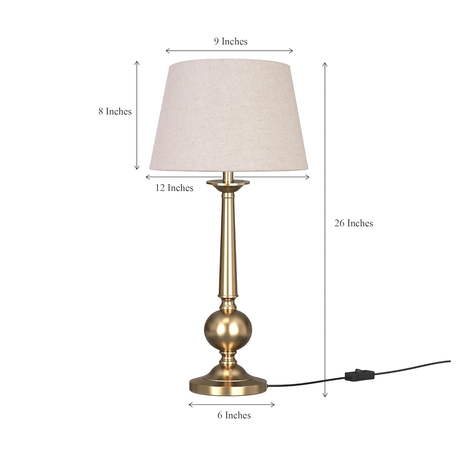 Table Lamp Brass Antique Gold 26 inches Height with Off White 12 inches Diameter Lampshade