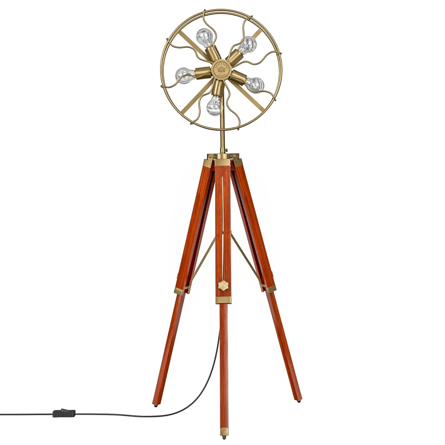 Tripod Floor Lamp Standing with Moveable Wheel 5 Light Fan Wooden Brown Polished and Brass Antique Gold Finish Adjustable 5ft Height