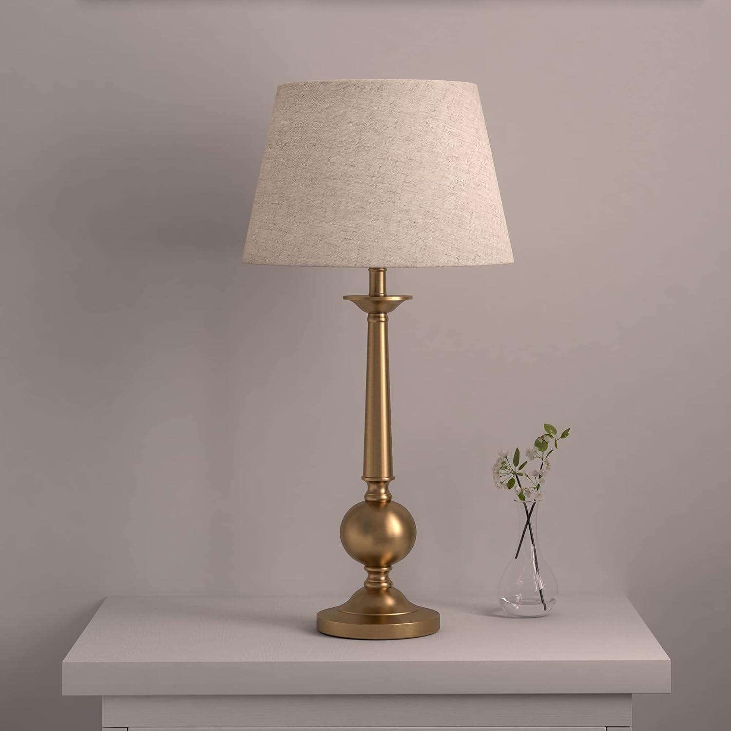Table Lamp Brass Antique Gold 26 inches Height with Off White 12 inches Diameter Lampshade