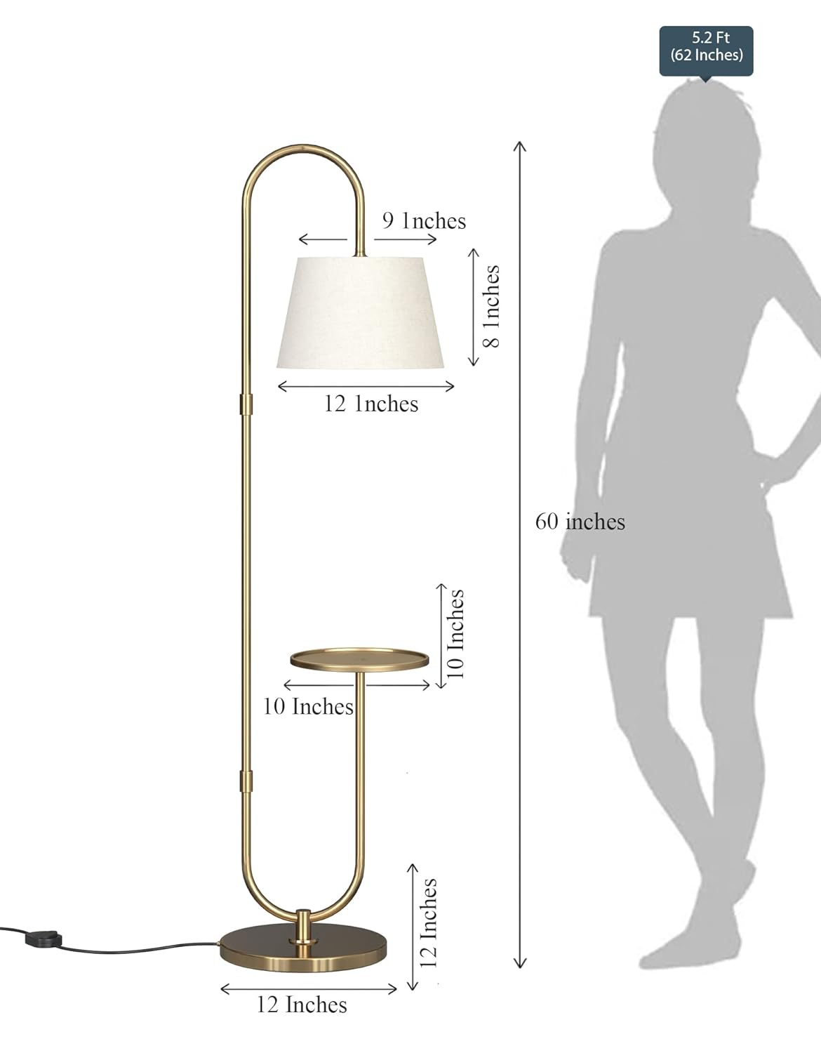 Modern Shelf Floor Lamp Standing Brass Antique 5ft Height with 10 Inches Shelf Diameter and Off White Lampshade
