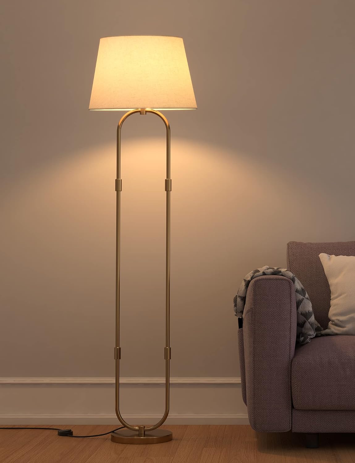 Modern Loop Floor Lamp Standing Brass Antique 5ft Height with Off White Lampshade 16 inches