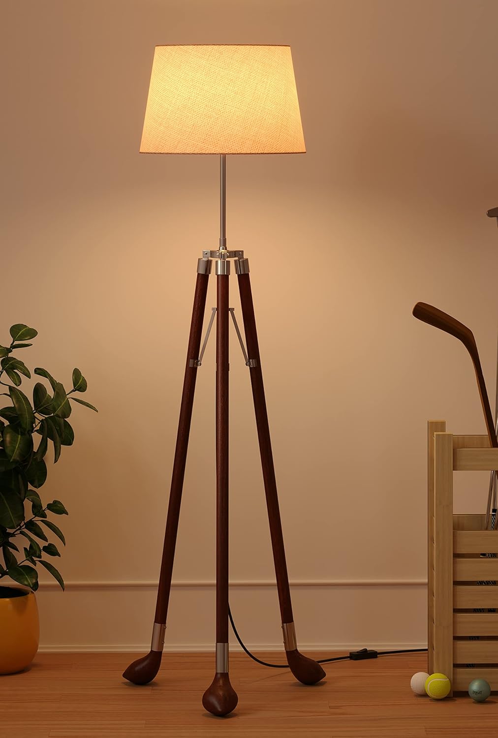 Golf Legs Tripod Floor Lamp Standing Wooden Brown Polished Silver with 12 Inches Jute Lampshade