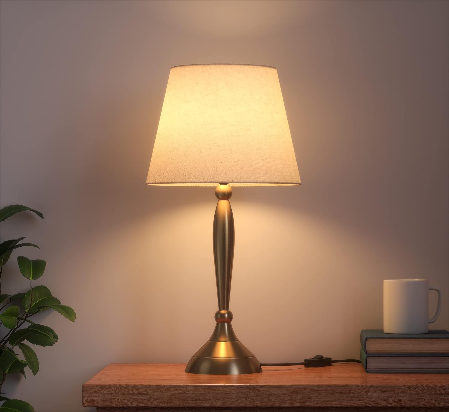 Table Lamp Brass Antique Gold 19 inches Height with Off White 10 inches Diameter Lampshade