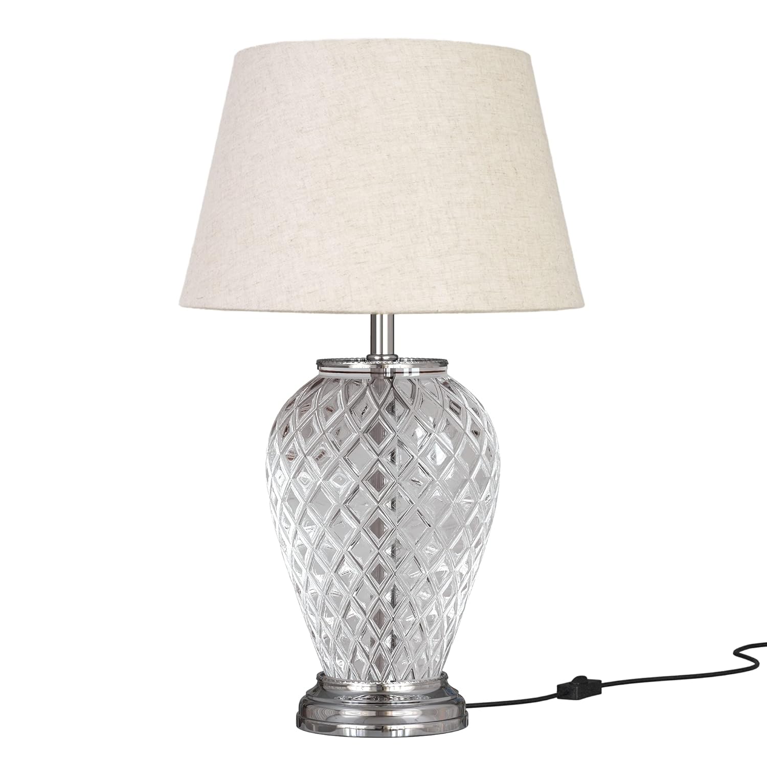 Diamond Cut Glass Table Lamp Silver Finish 23 Inches Height With Off White 14 Inches Diameter Lampshade