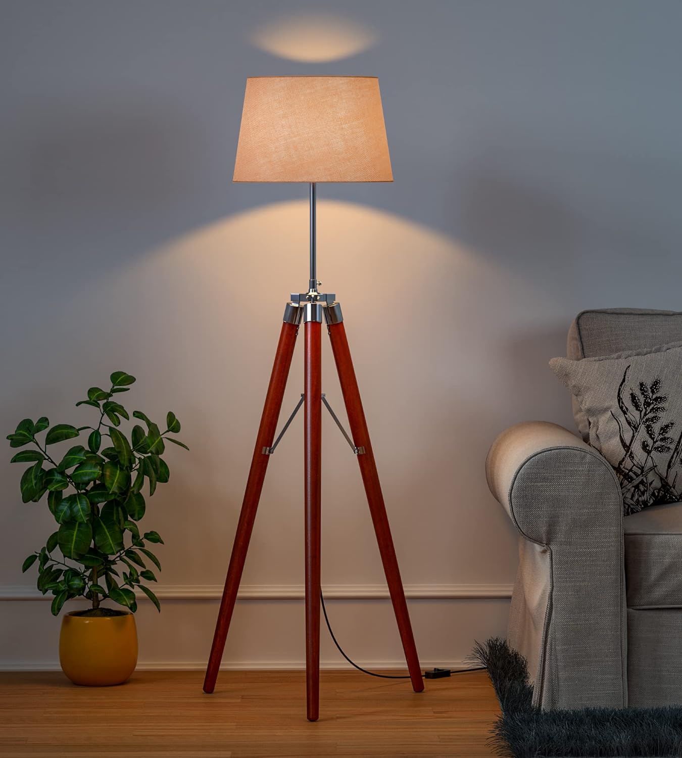 Sleek Tripod Floor Lamp 3 Legs Standing Wooden Natural Brown Polished and Silver with 12 inches Jute Lamp Shade
