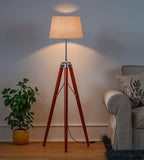 Sleek Tripod Floor Lamp 3 Legs Standing Wooden Natural Brown Polished and Silver with 12 inches Jute Lamp Shade