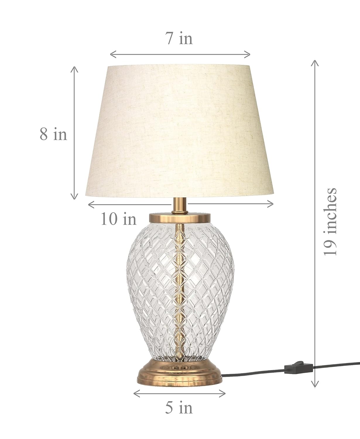 Diamond Cut Glass Table Lamp Brass Antique Finish 19 Inches Height With Off White 12 Inches Diameter Lampshade