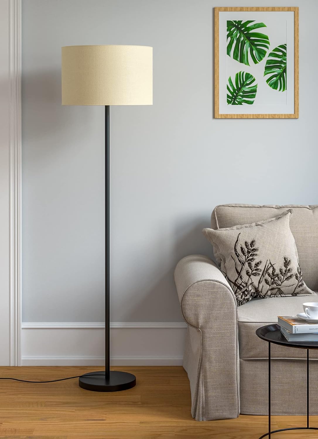 Floor Lamp Standing Modern Black 5ft Height with Off White Drum Lamp Shade 14 inches