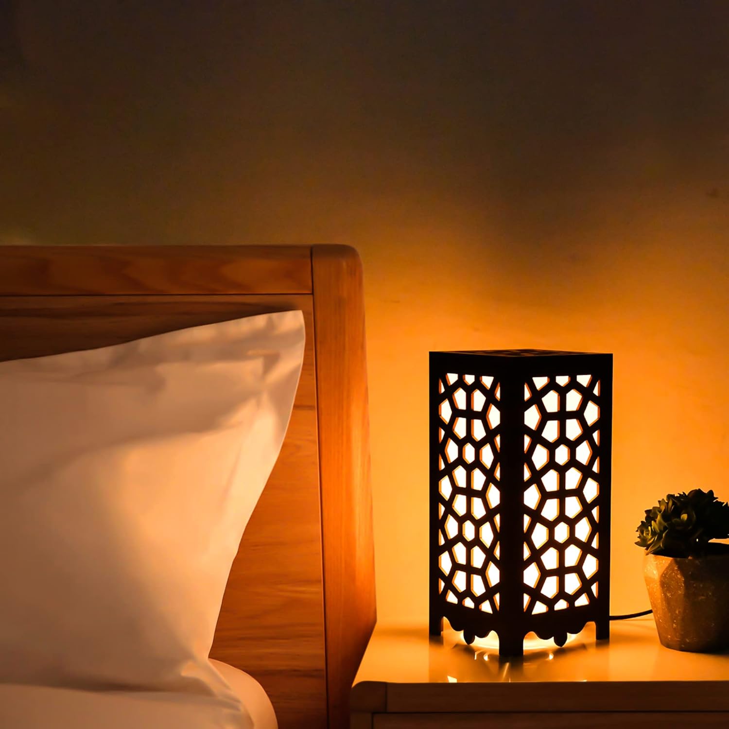 Geometric Lattice Table Lamp - Unique Wooden Cutout