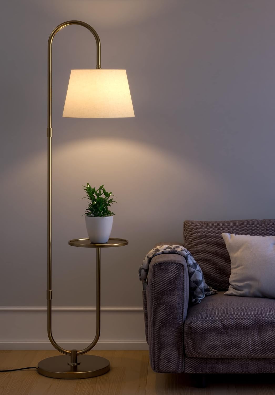 Modern Shelf Floor Lamp Standing Brass Antique 5ft Height with 10 Inches Shelf Diameter and Off White Lampshade