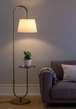 Modern Shelf Floor Lamp Standing Brass Antique 5ft Height with 10 Inches Shelf Diameter and Off White Lampshade