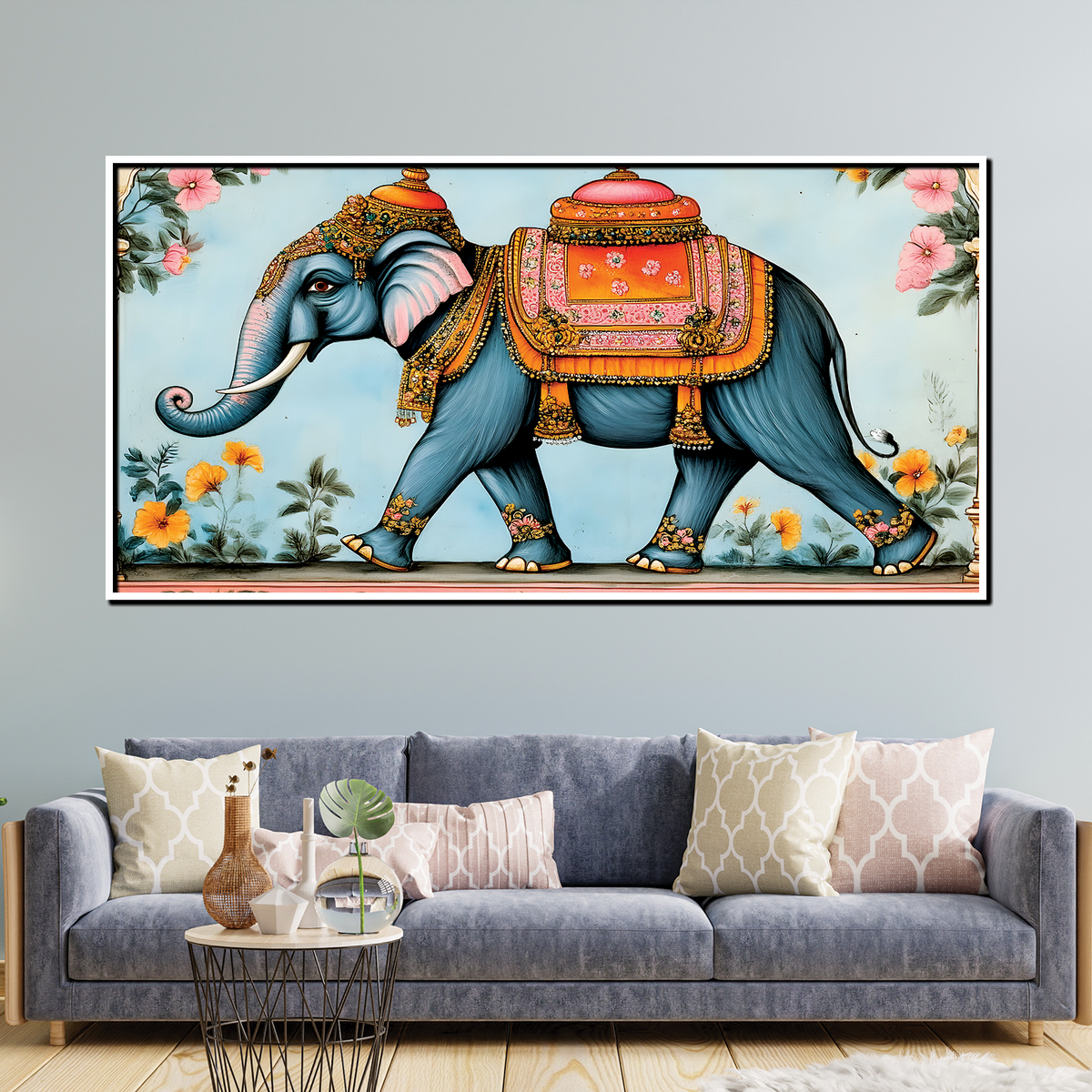 Royal Elephant Wall Art – Traditional Indian Folk Painting with Floral Background