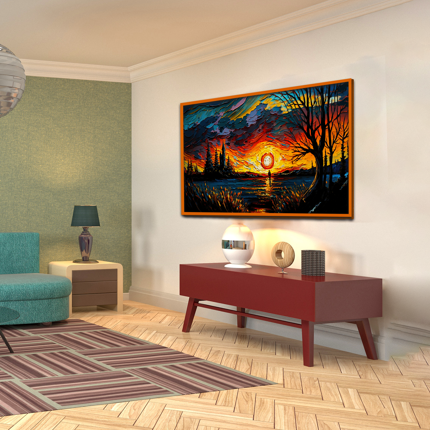 Beautiful Sunset with Man Standing Water Canvas Wall Paintings