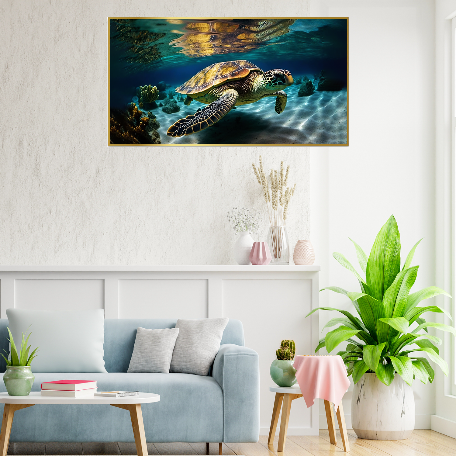 Green Sea Turtle Swimming Coral Beautiful Clear Canvas Wall Paintings
