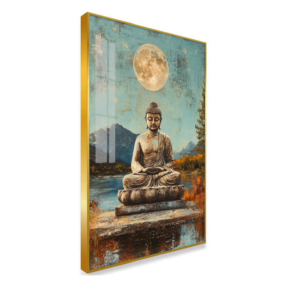 Buddha Statue with Moon and Mountain Landscape Acrylic Wall Paintings