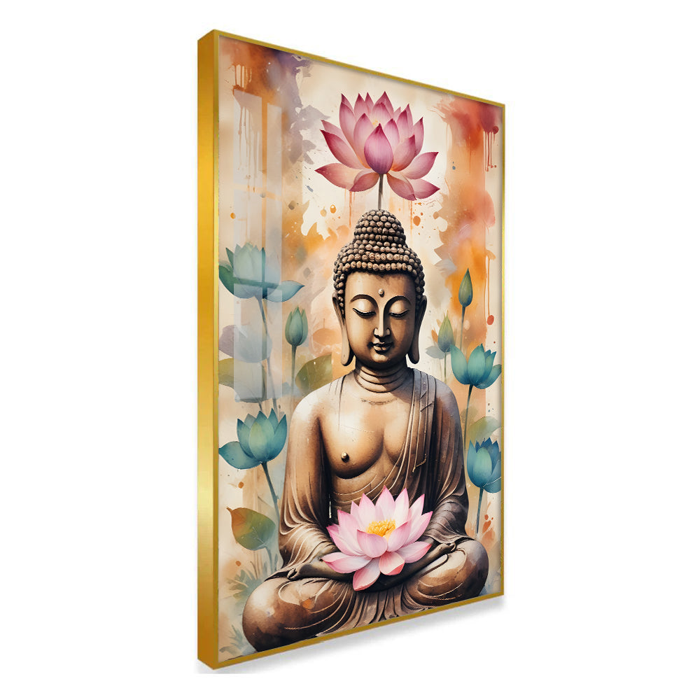 Serene Buddha Statue Acrylic Wall Paintings with Pink Lotus