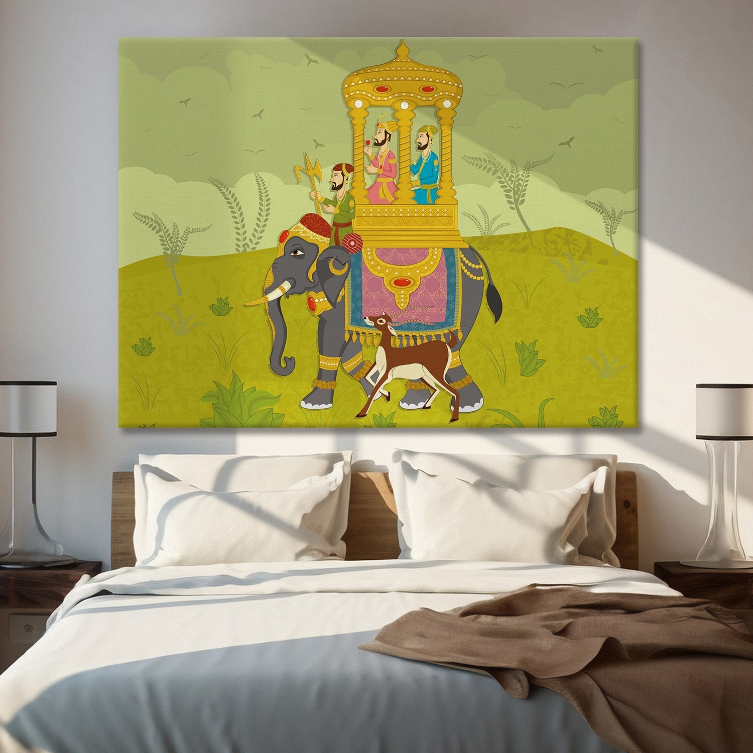 Mughal Elephant Artwork Abstract Canvas Framed Painting Indian Ethnic Traditional Wall Art Large Size For Living Room Bedroom Office Home Decoration