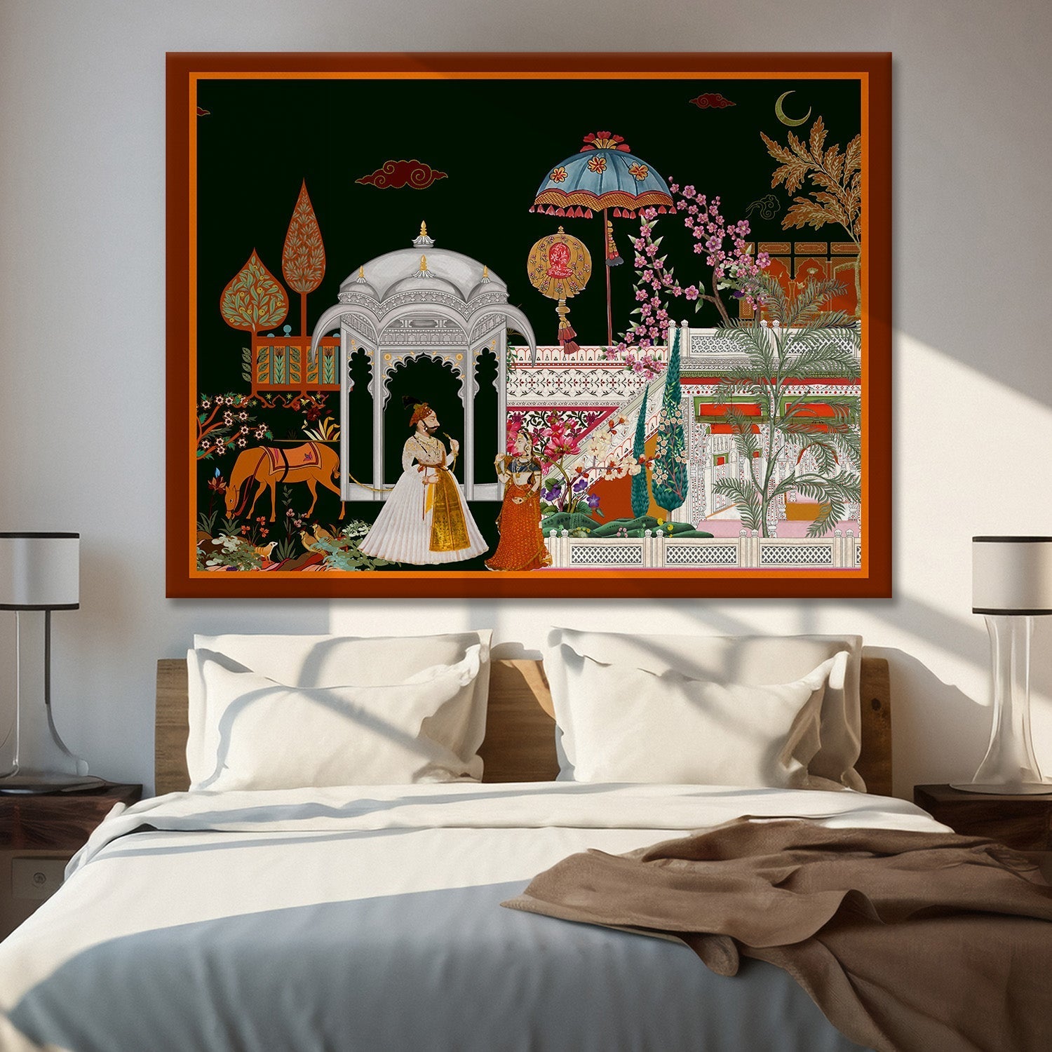 Mughal Garden View Artwork Abstract Canvas Framed Painting Indian Ethnic Traditional Wall Art Large Size For Living Room Bedroom Office Restaurant Caffe Home Decor